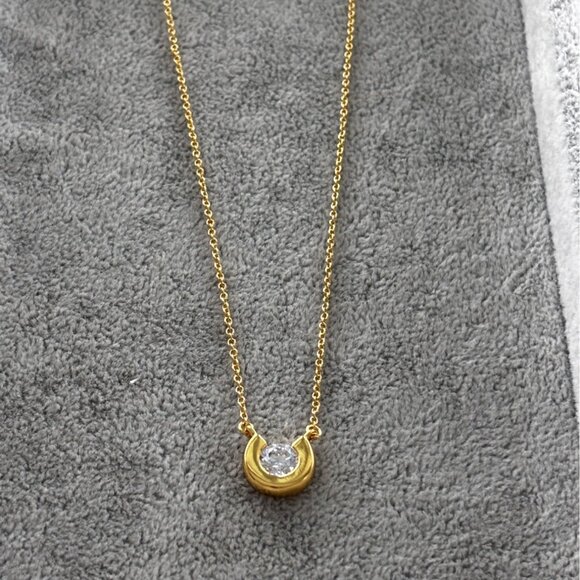 Gold-Tone Crescent Pendant Necklace With Clear Crystal Accent Adjustable Chain 1 - Picture 3 of 6